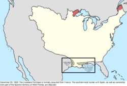 Map of the change to the international disputes involving the United States in central North America on December 20, 1803