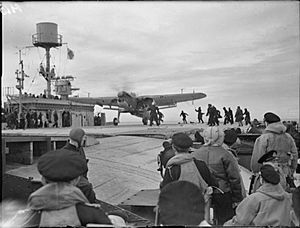 A Fairey Barracuda of 827 Squadron, Fleet Air Arm returns to HMS Furious during Operation Goodwood A25423