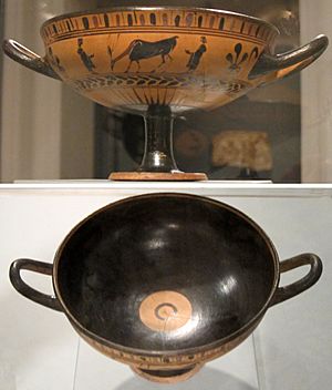 Black-figure terracotta kylix (wine cup), Greece. late 6th century BCE, Honolulu Academy of Arts