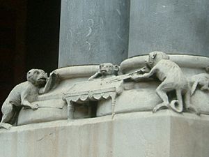 Carving of monkeys playing billiards (Kildare Street Club)