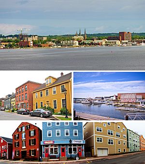 From top, left to right: Charlottetown skyline from Fort Amherst, Water Street in Downtown Charlottetown, Charlottetown Harbour, Queen's Square