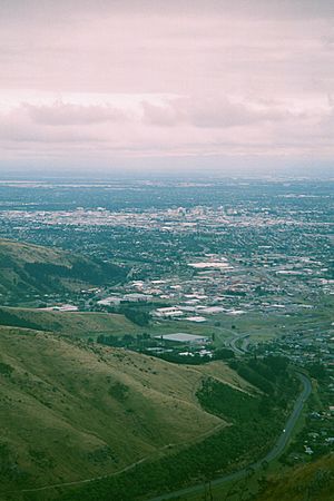 Christchurch from the Port Hills; Woolston is the northern part of the industrial area in the foreground