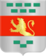 The coat of arms mimics the flag. The bands are equal width, the lion rampant is in the middle and number of green rectangles are changed to four and three on top and two and one in the bottom.