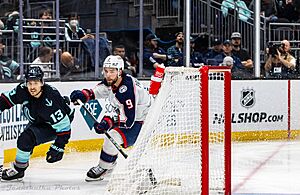 Columbus Blue Jackets at Seattle Kraken - 2024-01-28 - Brandon Tanev and Ivan Provorov (53502116097)