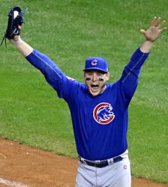 Cubs first baseman Anthony Rizzo celebrates the final out of the 2016 World Series. (30709978996) (cropped2)