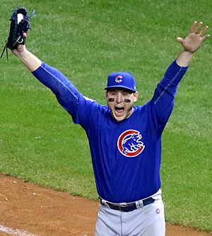 Cubs first baseman Anthony Rizzo celebrates the final out of the 2016 World Series. (30709978996) (cropped2)
