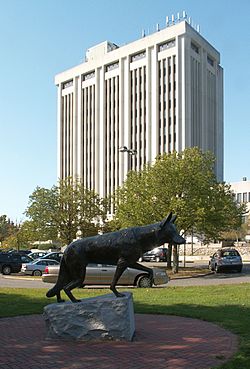 H. Lee Dennison Suffolk County Executive Building with a monument to war dogs