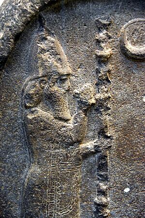 Detail, stele of Nabonidus. Nabonidus wears the traditional dress of a Babylonian king, holding objects symbolizing justice and power.jpg