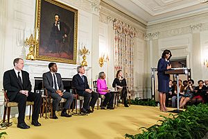 First Lady Michelle Obama delivers remarks during the "42" film workshop in the State Dining Room of the White House, April 2, 2013
