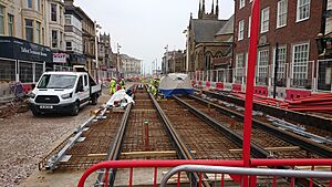 First Tram Tracks on Talbot Road, Blackpool