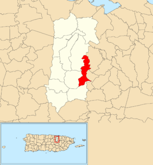 Location of Guaraguao Abajo within the municipality of Bayamón shown in red