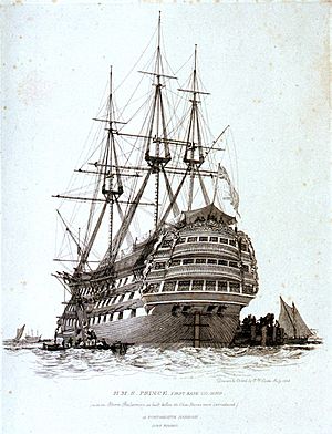 H.M.S. Prince First Rate 110 Guns (with the Stern Balconies, as built before the close sterns were introduced) in Portsmouth Harbour Jury rigged RMG PU6033
