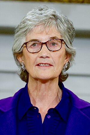 An above shoulder portrait of Catherine Connolly. She is a woman with grey and curly shoulder length hair. She is wearing a dark pinstriped blazer over a white blouse. She is smiling staring directly at the camera.