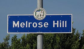 Melrose Hill neighborhood sign located at the intersection of Western Avenue and Marathon Street.