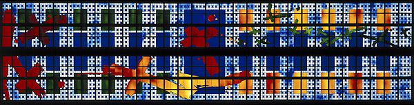 Modern abstract stained glass Small Mall rooflight of Spindles Town Square Shopping Centre Oldham, by Brian Clarke (1993)