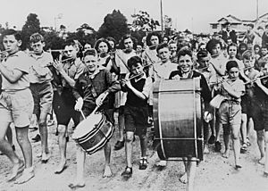 Moorooka State School Band welcoming home soldiers from World War II in Brisbane, Queensland, ca. 1945 (9062693781)
