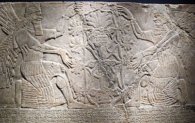 Rilievi in alabastro da palazzo di ashurnasirpal II a nimrud, doppio registro, 883-859 ac ca. 02