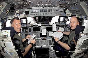 STS-108 Dominic Gorie and Mark Kelly in Endeavour's cockpit