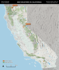 A map of every wildfire ≥1,000 acres in area in California in 2022