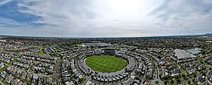 Aerial panorama of Waverley Park facing the Melbourne city skyline. September 2023