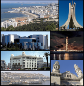 Clockwise, top left: Coast of Algiers, Maqam Echahid (Martyrs' Memorial), Djamaa el Djazaïr, Ketchaoua Mosque, Kasbah of Algiers, Algiers Central Post Office, Ministry of Finance building
