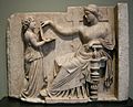 Arte greca, pietra tombale di donna con la sua assistente, 100 ac. circa