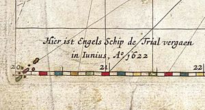 Caert van't Landt van d'Eendracht (detail showing Tryal Rocks)