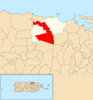 Location of Candelaria within the municipality of Toa Baja shown in red