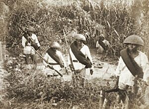 Christian Filipinos under Spanish army in Mindanao in their battle against the Moro Muslim, circa 1887