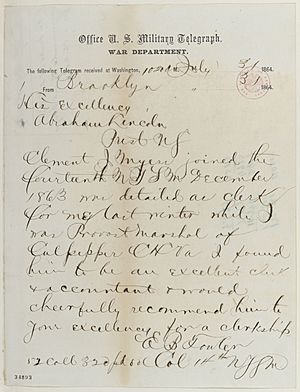 Edward B. Fowler to Abraham Lincoln, Sunday, July 31, 1864 (Telegram recommending Clemens J. Myers)