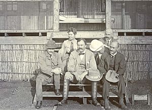 FPM 2. Percival Mackie Uganda, 1908. L-R Percival Mackie, Lady Bruce, Sir David Bruce, H.R. Bateman, A.E. Hamerton. Photo courtesy of Peter and Joanna Mackie