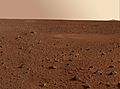 view of Martian desert showing rock field to the horizon
