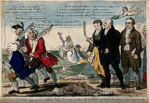 Jenner and his two colleagues seeing off three anti-vaccinat Wellcome V0011075