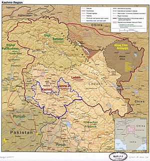 Samba lies in the Jammu division (neon blue) of the Indian-administered Jammu and Kashmir (shaded tan) in the disputed Kashmir region.