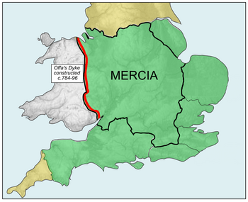 The Kingdom of Mercia (thick line) and the kingdom's extent during the Mercian Supremacy (green shading)