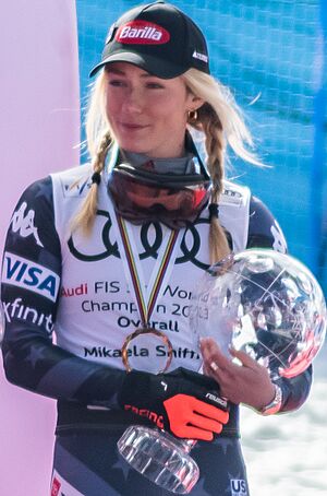 Mikaela Shiffrin with the Crystal Globe 2023 Alpine Skiing WC