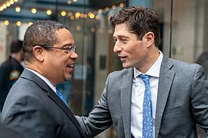 Minneapolis Mayor Jacob Frey greets newly elected Attorney General, Keith Ellison