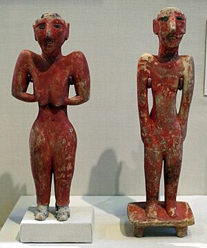 Neolitico B, fugurine maschile e femminile, da tell fakhariyah, alabastro, bitume e pietra, 9000-7000 ac ca