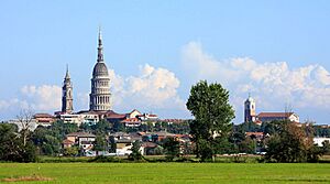 A panorama of Novara, showing the Basilica of San Gaudenzio, with its campanile and cupola, and Novara Cathedral