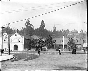 Panoramic view of the Los Angeles Plaza, looking west, ca.1905 (CHS-5081)