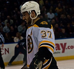 Patrice Bergeron playing with the Boston Bruins during a February 22, 2012 away game against the St. Louis Blues at the Scottrade Center in St. Louis 1