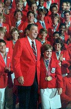 President Ronald Reagan with Mary Lou Retton and the 1984 United States Olympic team
