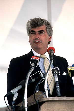 Sen Dodd speaks at a Navy ceremony at New London, Conn, July 6, 1985