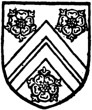 Shield of William of Wykeham (died 1404). Argent two cheverons sable between three roses gules