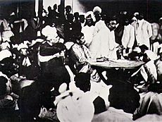 Sri Aurobindo presiding over a meeting of the Nationalists after the Surat Congress, with Tilak speaking, 1907