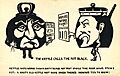 TWL.2000.71Postcard, printed, cardboard, black image and text, white background, produced by the Suffrage Atelier, stylised image of a pot and kettle with human features, kettle holding a sign which (22473773894)