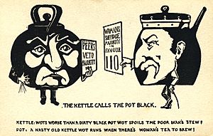TWL.2000.71Postcard, printed, cardboard, black image and text, white background, produced by the Suffrage Atelier, stylised image of a pot and kettle with human features, kettle holding a sign which (22473773894)