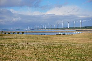 Wind turbines lined up along the coast of Katagami City 20211211