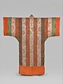白綸子地牡丹縞模様夜着-Kimono-shaped Comforter (Yogi) with Peonies and Stripes MET DP317746