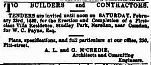 Ad for buildingStudley Park 1889